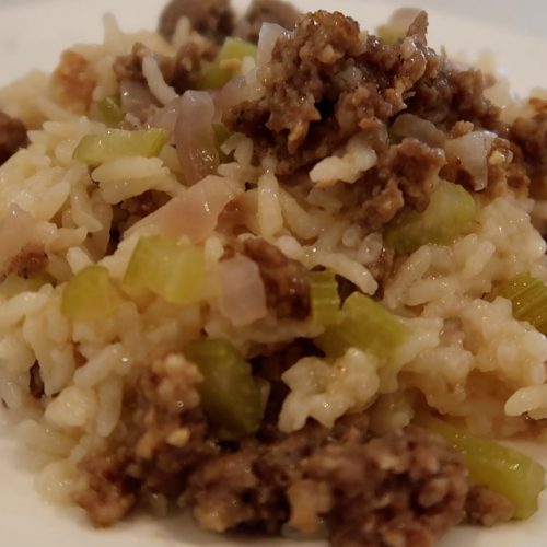 Sausage and Rice Casserole displayed on a white plate