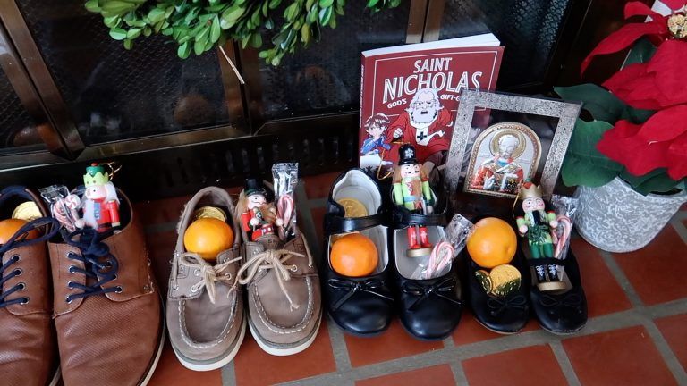 St. Nicholas Day Traditions showing shoes filled with candy and treats